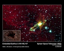 Infrared image of the molecular outflow from an otherwise hidden newborn star HH 46/47 Embedded Outflow in Herbig-Haro object HH 46 47.jpg