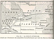 Map of the Gulf Stream, a major ocean current that transports heat from the equator to northern latitudes and moderates the climate of Europe. FMIB 36754 Gulf-Stream, coupe par l'Itineraire des Paquebots Transatlantiques qui Vont de Havre a New-York.jpeg