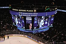 Scoreboard after game one of the 2007 Western Conference Quarterfinals between the Canucks and the Dallas Stars. Ending at the 138-minute mark, it was the longest game in the club's history. GM Place Canucks 4 Overtimes.jpg
