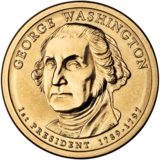 Gold coin with bust of Washington facing slightly left of but looking sternly straight at the viewer. 
