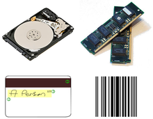 IBM inventions (clockwise from top-left): the hard-disk drive, DRAM, the UPC bar code, and the magnetic stripe card IBMinventions.png
