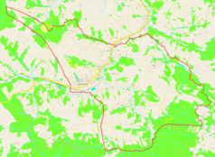 Mapa konturowa Jawornika Polskiego, blisko centrum na lewo znajduje się punkt z opisem „Parafia św. Andrzeja Apostoław Jaworniku Polskim”