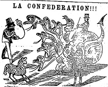 Caricature politique de Côté représentant la Confédération canadienne sous la forme d'un dragon à neuf têtes, Journal La Scie (Québec), 2 décembre 1864.