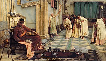 The Favourites of the Emperor Honorius, 1883: John William Waterhouse expresses the sense of moral decadence that coloured the 19th-century historical view of the 5th century. John William Waterhouse - The Favorites of the Emperor Honorius - 1883.jpg