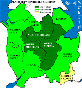 The Kingdom of Mercia at its greatest extent (7th to 9th centuries) is shown in green, with the original core area (6th century) given a darker tint. The areas shown are approximate. Kingdom of Mercia.PNG