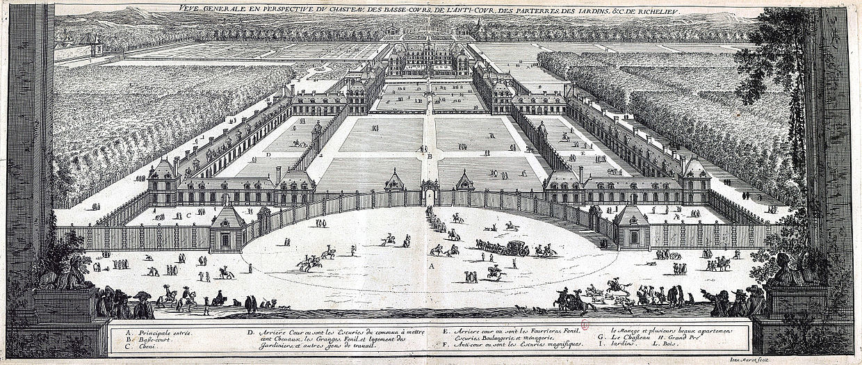 Generellt perspektiv, vy av Jacques Lemerciers Château de Richelieu, graverad av Jean Marot omkring 1657, med utsmyckningar av Jean Lepautre.