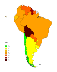 Изменение ожидаемой продолжительности жизни в странах Южной Америки с 2019 до 2021[1] 