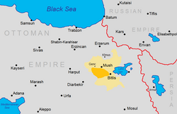 İkinci Sason üsyanının yeri (narıncı rəngli hissə) və Bitlis vilayəti (sarı rəngli hissə).