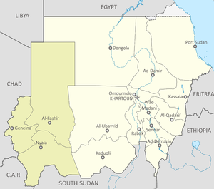 English: Map of Darfur within Sudan, July 2011.