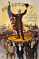 19. William McKinley választási plakátja, jobb kezében az amerikai zászlóval, háttérben a Commerce (kereskedelem) hajóval és a Civilization (civilizáció) gyárral. (javítás)/(csere)