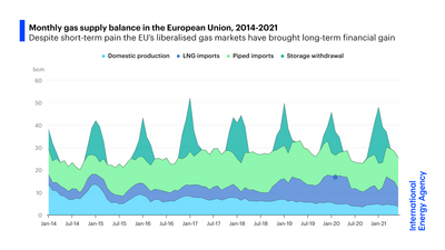 Monthly gas supply balance in the European Union, 2014-2021.