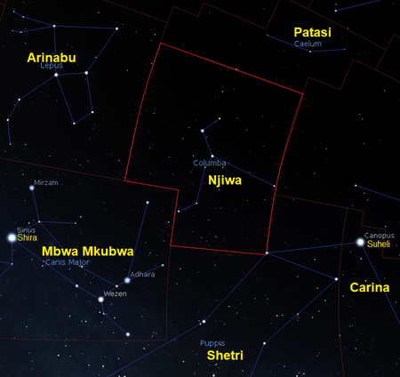 Njiwa (kundinyota) Nyota za kundinyota Njiwa (Columba) (CC BY-SA 4.0 © 2004-2016 Fabien Chereau et al. )Stellarium, CC BY-SA 4.0)