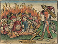 Quema d'un grupu de xudíos acusaos de supuesta profanación de la hostia en Deggendorf, Bavaria, 1492. Xilografía de Schedel, Cróniques, Alemaña, 1493.