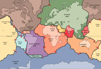 The Indo-Australian Plate, shown as its two subdivisions: the Indian Plate (red) and the Australian Plate (orange) Plates tect2 bis en.svg