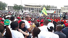 A pro-constitutional reform rally in Brazzaville during October 2015. The constitution's reforms were subsequently approved in a disputed election which saw demonstrations and violence. Pro-constitutional reform demonstration in Brazzaville - 2015-10 (21518932913).jpg