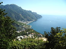 The Amalfi Coast seen from Villa Cimbrone, in Ravello, Campania, one of the most popular tourist destinations in Italy Ravello September 2007.jpg