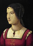 Ritratto di signora in rosso, Bernardino Zaganelli. Il motivo dei nodi vinciani sul corpetto rimanda ad una donna di casa Sforza.