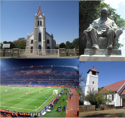 From top left clockwise: Dutch Reformed Church, Statue of Paul Kruger, Old Anglican Church, Royal Bafokeng Stadium