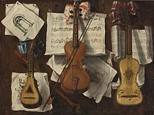 Instruments à cordes représentés sur un tableau en trompe-l'œil de Sebastiano Lazzari (XVIIIe siècle).