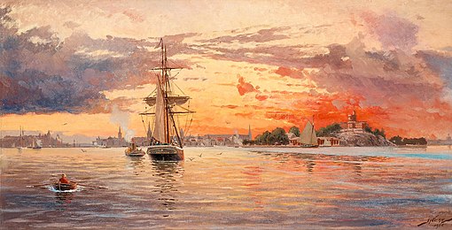 "Solnedgång över Stockholms inlopp", målning av Jacob Hägg, 1916