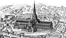 Reconstructed image of Old St Paul's before 1561, with intact spire St Paul's old. From Francis Bond, Early Christian Architecture. Last book 1913..jpg