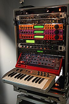 Several rack-mounted synthesizers that share a single controller