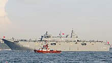 TCG Anadolu (L-400) at the Bosporus strait during the naval parade for celebrating the centenary of the Turkish Republic on 29 October 2023. TCG Anadolu (L-400) on the Bosphorus (cropped).jpg