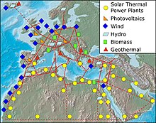One conceptual plan of a super grid linking renewable sources across North Africa, the Middle East and Europe. (DESERTEC) TREC-Map-en.jpg
