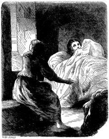 La nuit dans une chambre du château de Boussac. Jeanne, assise près de l'embrasure de la fenêtre, discute avec Claudie qui, allongée au lit, a une expression apeurée.