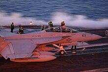 A VFA-22 F/A-18F prepares to launch from USS Ronald Reagan in 2007 US Navy 071202-N-3659B-092 The aircrew of an F-A-18F Super Hornet, assigned to VFA 22, wait to launch from USS Ronald Reagan (CVN-76).jpg