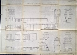 Het uiteindelijke gebouwde waterzuiveringsgebouw met bergplaatsen uit mei 1928.