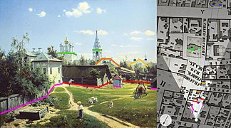 Comparison of the view of the Moscow courtyard from Polenov's painting and A. Khotev's plan. Khotev's map of 1852-1853 (map orientation is determined by the arrow in the lower left corner)