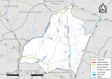 Carte en couleur présentant le réseau hydrographique de la commune