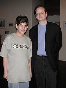 Swartz in 2002 with Lawrence Lessig at the launch party for Creative Commons Aaron Swartz and Lawrence Lessig.jpg