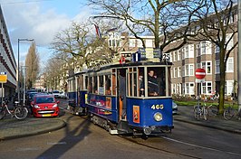 Afscheidsritten van tramlijn 25 met de 465 +731. Hunzestraat (Rivierenbuurt); 14 december 2013.