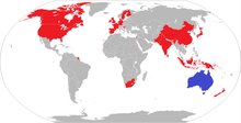 Countries in red have participated in the International Cup, held triennially in Australia. Australian Rules Football International Cup World Map.png