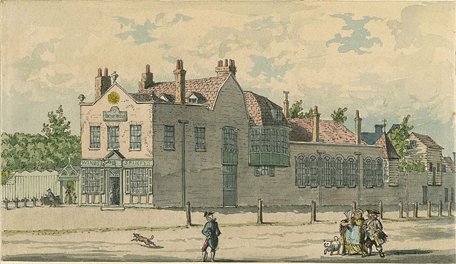A watercolour painting showing the exterior of Bagnigge Wells spa