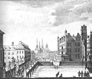 De Schlossplatz yn Berlyn mei de Langen Brücke (links), de âlde Domtsjerke (midden) en it Stedsslot (rjochts), om 1700 hinne]]