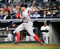 Brock Holt hit for the cycle twice for the Red Sox, including the first in Postseason history Brock Holt batting in game against Yankees 09-27-16 (3).jpeg