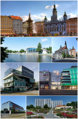 From top: Square of Ottokar II., city swimming stadium, cathedral of st. Nicholas, Máj centre, IGY shopping centre, Faculty of Philosophy of the University of South Bohemia, Regional hospital