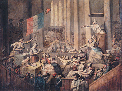 Caricatura d'un club de dones patriotes en una església