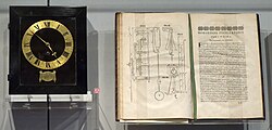 Fonta movita pendolhorloĝo, dizajnita fare de Huygens, konstruita fare de instrumentfaristo Salomon Coster (1657), kaj manuskripto Horologium Oscillatorium