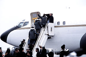 The 52 former hostages board the VC-137B Freed...