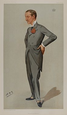 Old colored drawing of an elegant man in a 19th-century suit with a large red flower in his button hole, his hands on his hips, facing 3/4 to his right