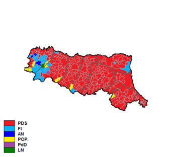 Красный — Демократическая партия левых сил, синий — Вперед, Италия, тёмно-синий — Национальный альянс, жёлтый — Итальянская народная партия, сиреневый — Демократический пакт, зелёный — Лига Севера