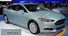 The Ford Fusion Energi plug-in hybrid shares its powertrain with the Ford C-Max Energi. Ford Fusion Energi SEL with badge WAS 2012 0583.jpg