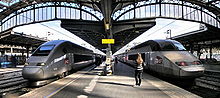 Two high-speed TGV trains by Alstom SA at Paris-Gare de l'Est Gare de l'Est Paris 2007 a5.jpg