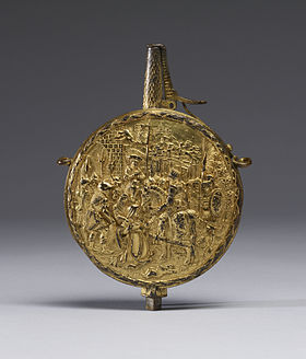 Flask for Priming Power with the Justice of Trajan (mid-16th century), depicting a woman's plea for justice from Trajan, with an imperial pennant of the Habsburgs suggesting that as Holy Roman Emperors they are the political descendants of the ancient Roman emperors (Walters Art Museum) German - Flask for Priming Power with the Justice of Trajan - Walters 511334.jpg
