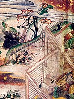 Priest praying in front of a woman et another priest praying facing the window. All three are in a house. A fourth person praying is under a pergola in the landscape or garden outside of the house.