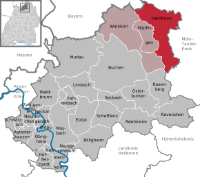 Poziția Hardheim pe harta districtului Neckar-Odenwald-Kreis